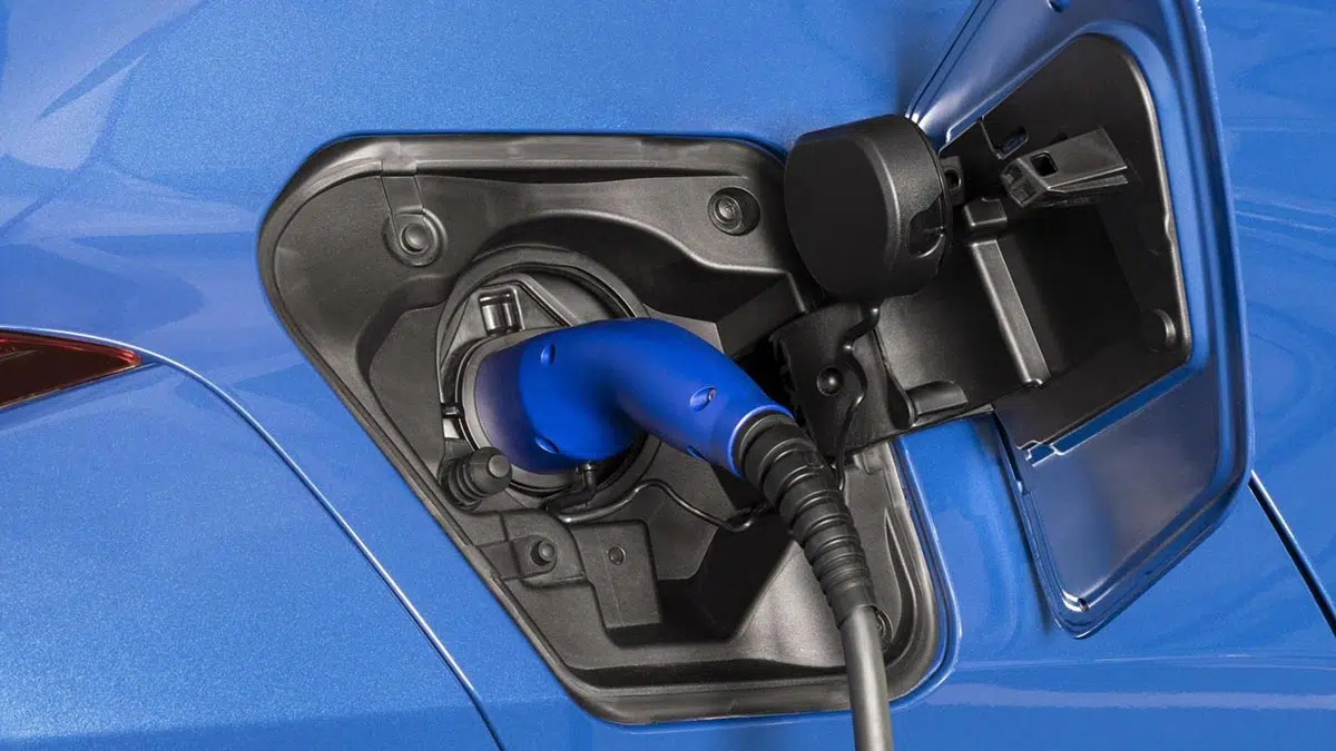 Primer plano del conector de carga del Lexus UX 300e, mostrando el conector y el indicador de carga.