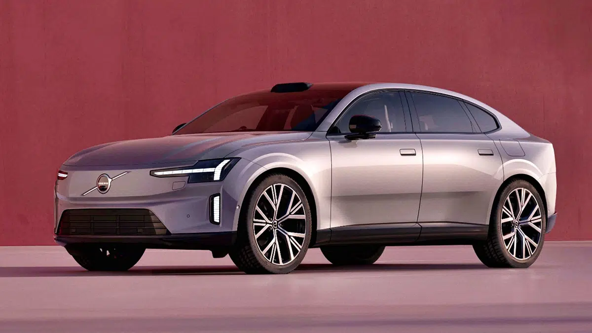 Vue de face du Volvo ES90, illustrant sa signature lumineuse distinctive et sa calandre fermée.