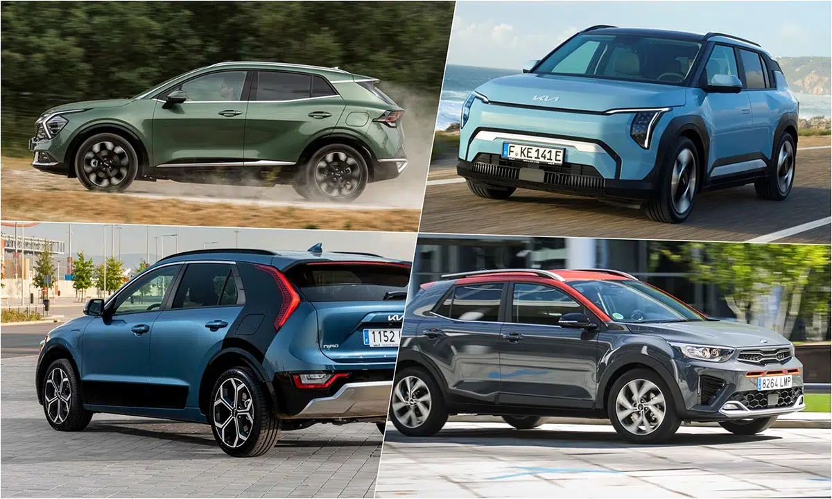Los cuatro SUV Kia (Stonic, Niro, Sportage y EV3) alineados uno al lado del otro, mostrando sus diferencias de tamaño y diseño para diferentes estilos de vida.