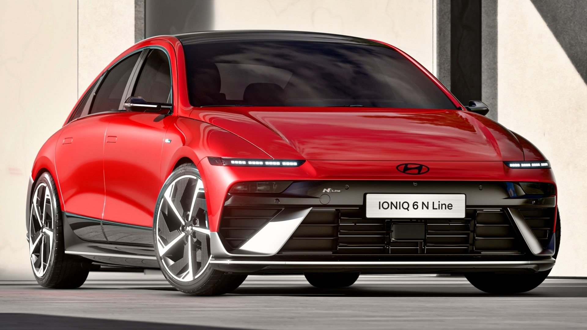 Vista frontal de la Hyundai Ioniq 6 2025 restilizada con faros divididos y firma LED