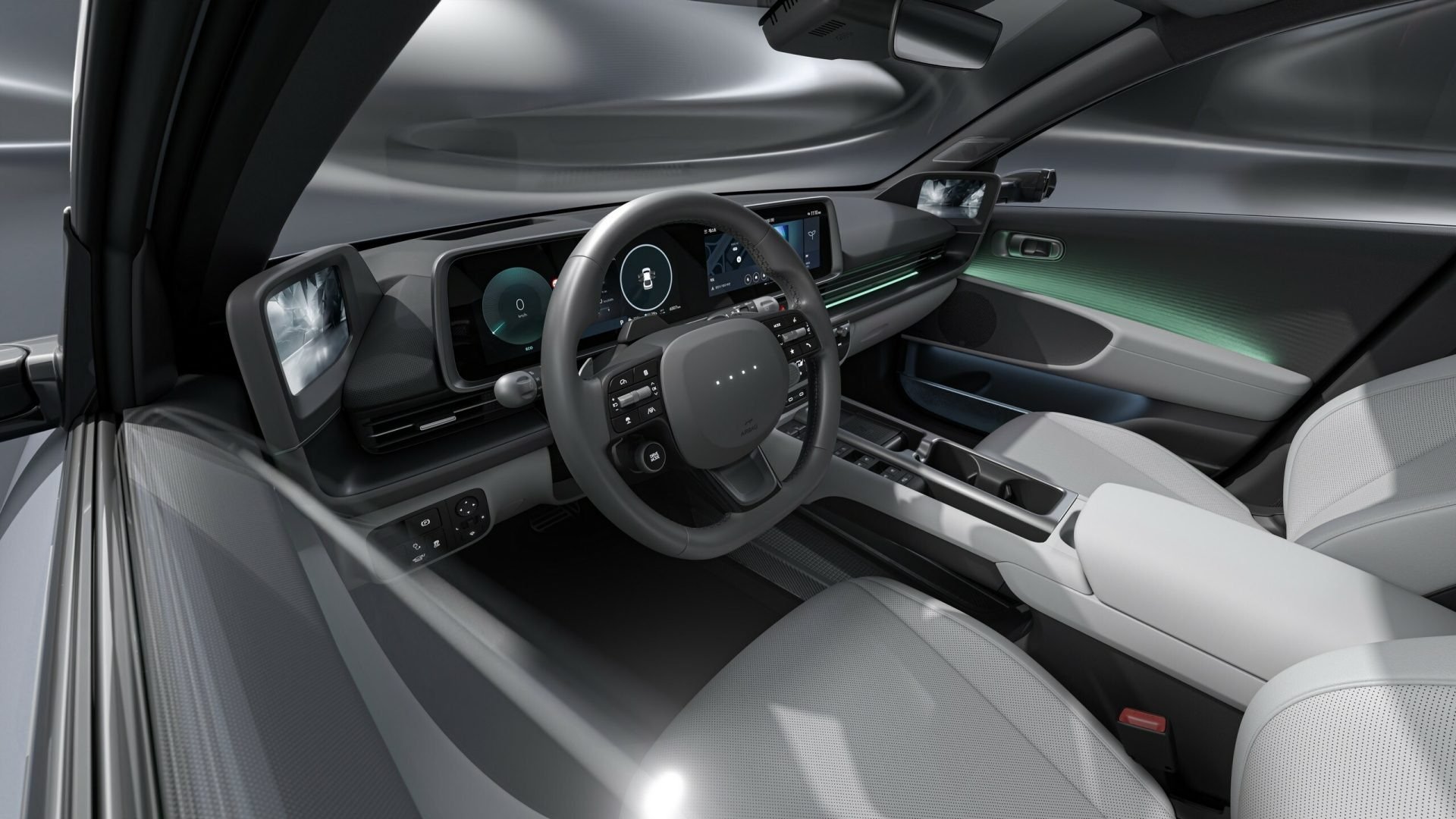 Interior de la Hyundai Ioniq 6 2025 con nuevo volante de dos radios y pantallas digitales