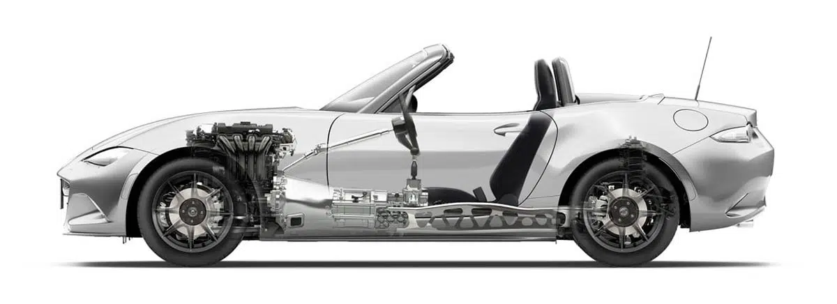 Vista lateral transparente del Mazda MX-5 ND 2025 que muestra la configuración de propulsión y el motor longitudinal