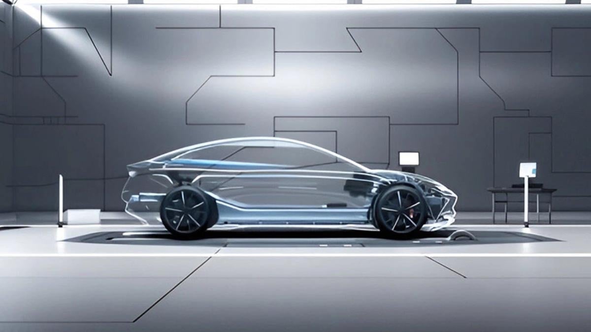 Vista en transparencia de un coche eléctrico mostrando la batería debajo del suelo y el motor eléctrico en la parte delantera