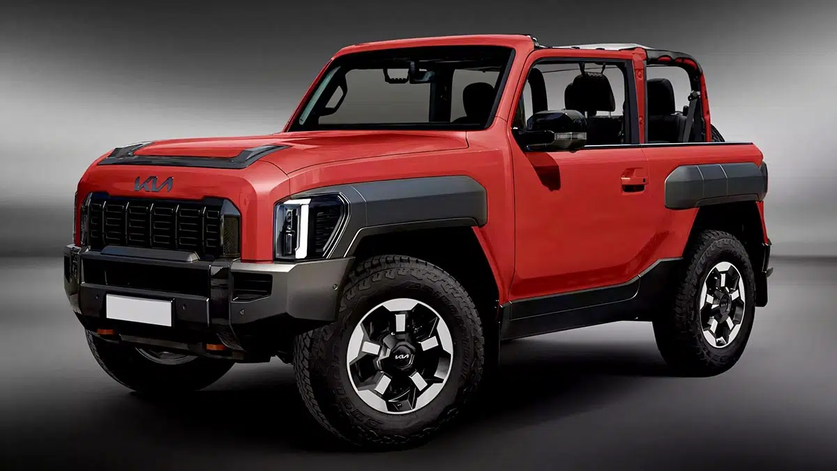 Vista frontal del Kia Tasgler 2025, SUV conceptual 4x4 de tres puertas con un diseño robusto y aventurero