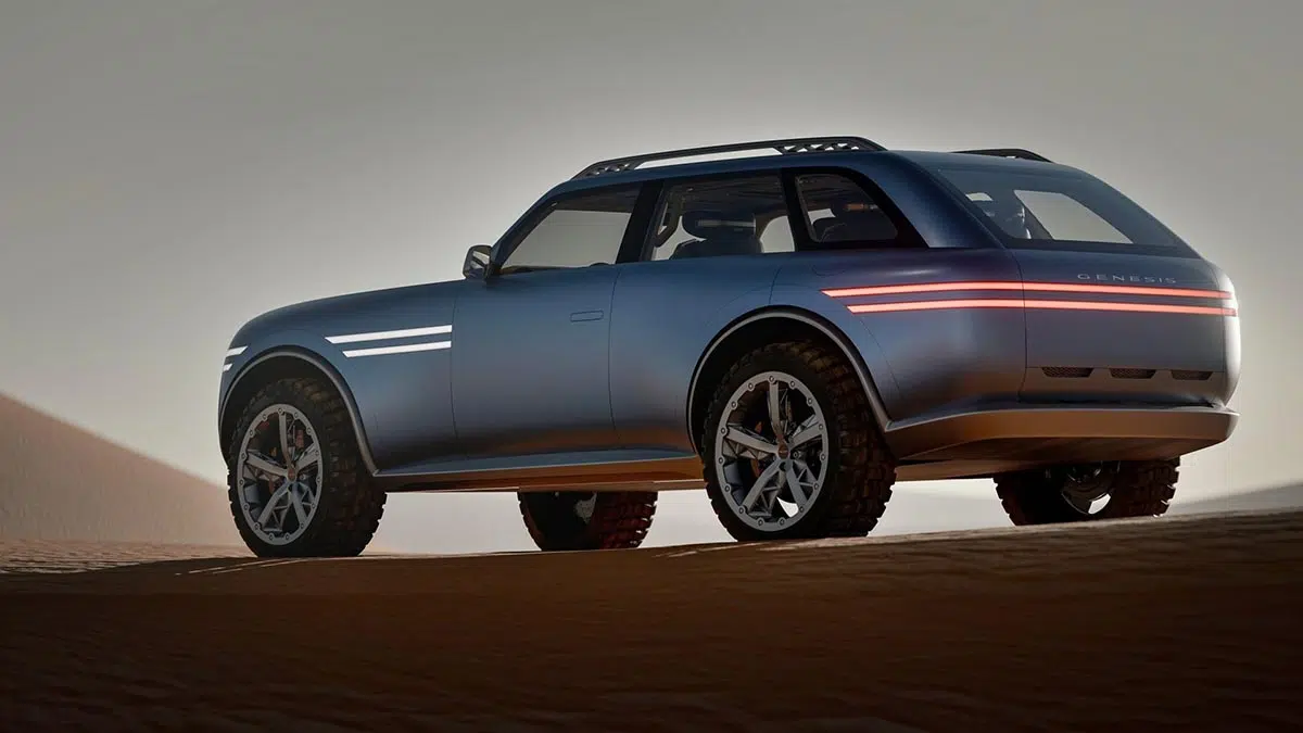 Arrière du Genesis X Gran Equator 2027 avec bandeau LED intégral et design musclé.
