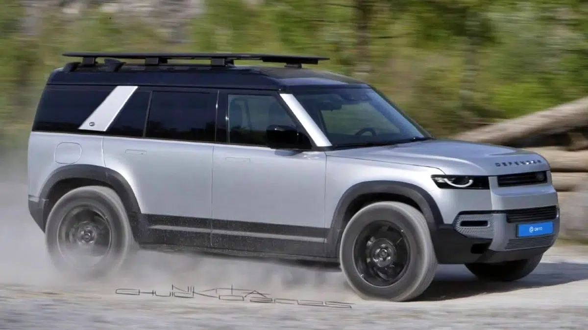 Perfil del Land Rover Defender Sport con carrocería compacta y silueta cuadrada