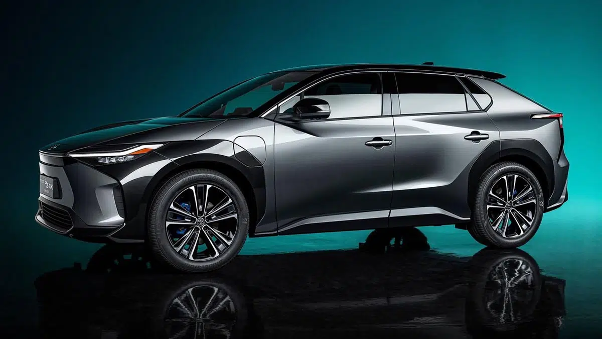 Vista lateral del Toyota bZ4X eléctrico con diseño aerodinámico y llantas de 20 pulgadas